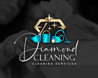 May include: Diamond Cleaning logo with a gold diamond shape and cleaning supplies inside. The text "Diamond Cleaning" is written in a cursive font with the words "Cleaning Services" below.