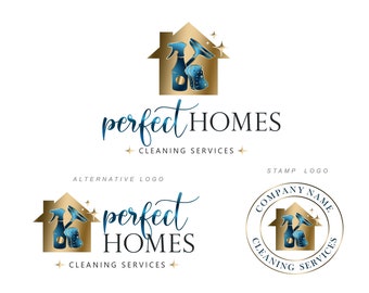 Puede incluir: Logotipo de "Perfect Homes Cleaning Services" con un contorno dorado de una casa con utensilios de limpieza. El nombre de la empresa está en una elegante escritura, con "Cleaning Services" debajo. También se muestran variaciones del logotipo.