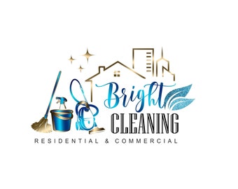 Cleaning service logo, Blue gold cleanung logo, Commercial residential cleaning logo marketing kit, Housekeeping Maid Logo, Cleaner logo 542