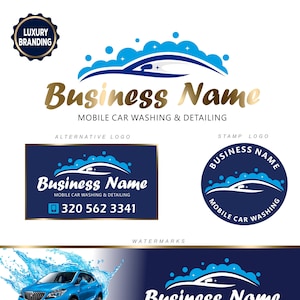 May include: A blue and white logo for a mobile car wash and detailing business. The logo features a stylized car with soap suds and stars. The text "Business Name" is in gold lettering. The business phone number is 320 562 3341.