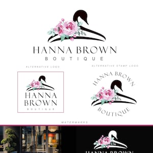 Design de logotipo boutique, conjunto de marca boutique Swan Hanger, cartão de visita boutique, logotipo de cabide de flores, kit de marketing de moda, logotipo extravagante 338