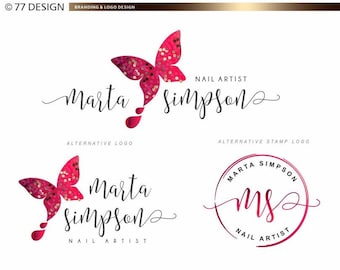 Nails artist logo, Beauty salon logo, Butterfly design, Nail logo design, Feminine branding, Red glitter design, Hearts logo, unique kit 041