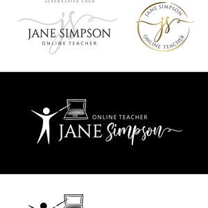 May include: A logo design for an online teacher called Jane Simpson. The logo features a stick figure pointing at a laptop computer. The text "ONLINE TEACHER" and "JANE Simpson" are written in a cursive font. The logo is presented in four different variations, including a watercolour background, a stamp logo, and two black and white versions.
