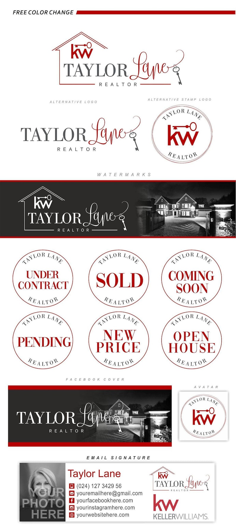 May include: A red and white logo for Taylor Lane, a Keller Williams realtor. The logo features a house with a keyhole and the letters "kw" inside. The text "Taylor Lane" is written in a cursive font below the house. The text "REALTOR" is written in a smaller font below the cursive text. The text "KELLERWILLIAMS" is written in a smaller font below the logo.