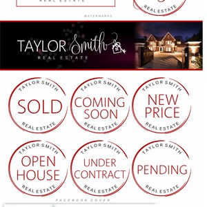 May include: A branding and logo design for a real estate agent named Taylor Smith. The design includes a logo with a house and key, a watermark, a Facebook cover, an avatar, and an email signature. The color scheme is red and black.