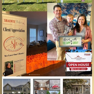 May include: A collage of images showcasing real estate listings. The top row features three white signs with the text "BB Home Team" and the words "For Sale" and "Sold". The middle row features a woman holding a sign that says "Closed with The Cupp Group", a family of three standing in front of a couch, and a sign that says "Open House" with a phone number. The bottom row features images of houses with the addresses and locations listed. The text "Some of my customer's branding alive!" is at the top of the collage.