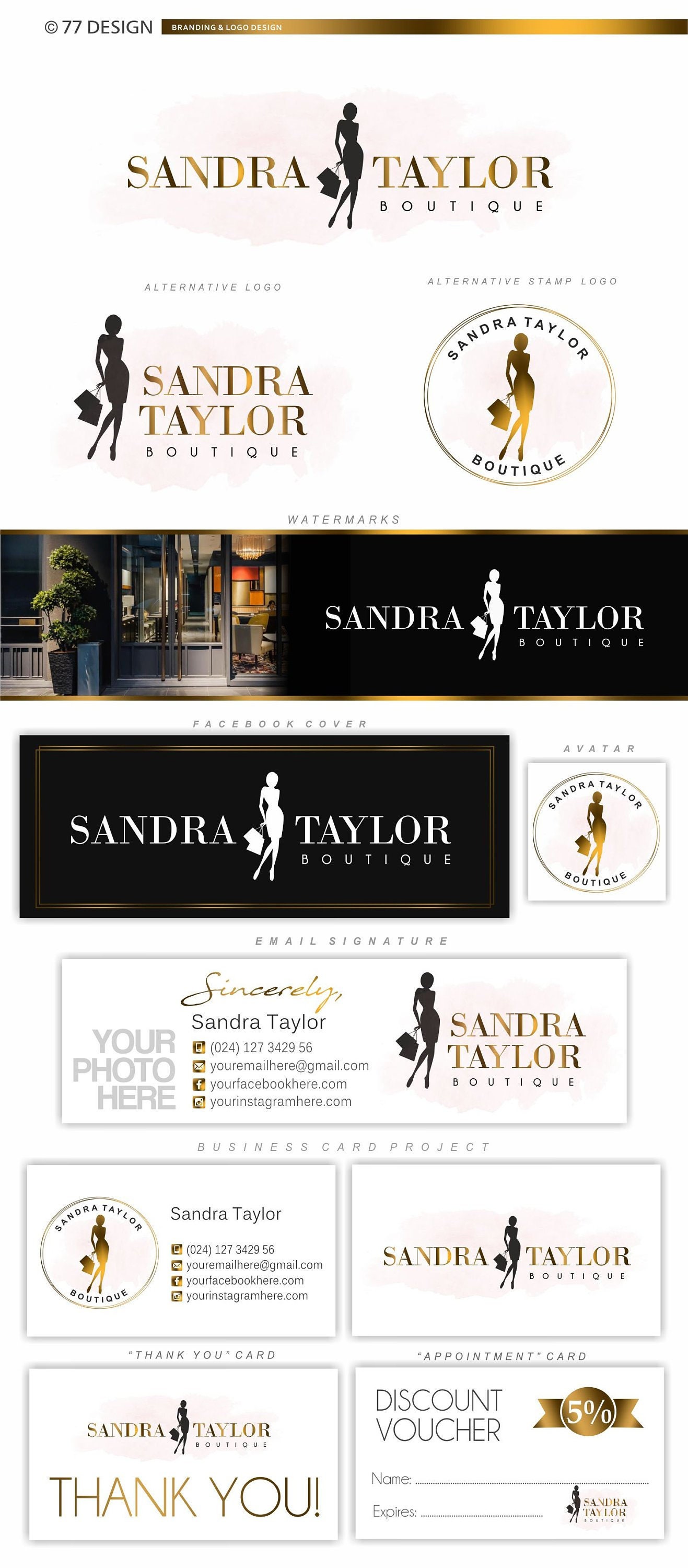 Boutique branding set, Women logo design Chic kit, Fashion branding kit, Sewing logo package, Gold feminine Lady blog, Clothing business 109