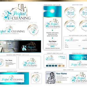 May include: Branding and logo design for a cleaning service called "Perfect Cleaning" featuring a blue and gold colour scheme. The logo depicts a stylised image of a house with cleaning supplies. The design includes various marketing materials such as business cards, door hangers, gift certificates, and social media graphics.