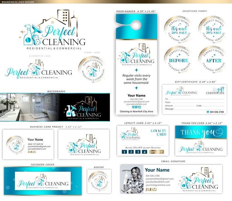May include: Branding and logo design for a cleaning service called "Perfect Cleaning" featuring a blue and gold colour scheme. The logo depicts a stylised image of a house with cleaning supplies. The design includes various marketing materials such as business cards, door hangers, gift certificates, and social media graphics.