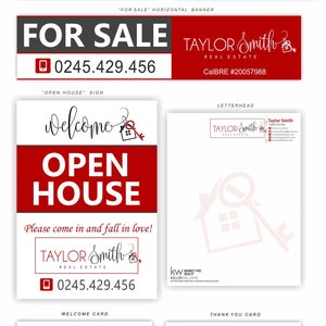 May include: A red and white real estate business card design template with the name "Taylor Smith" and a phone number. The template includes a variety of cards for different purposes, such as a business card, a "For Sale" sign, an "Open House" sign, a welcome card, a thank you card, and an identification badge.