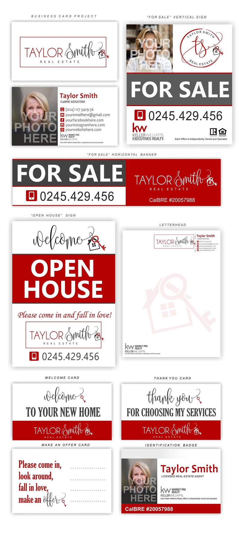 May include: A red and white real estate business card design template with the name "Taylor Smith" and a phone number. The template includes a variety of cards for different purposes, such as a business card, a "For Sale" sign, an "Open House" sign, a welcome card, a thank you card, and an identification badge.