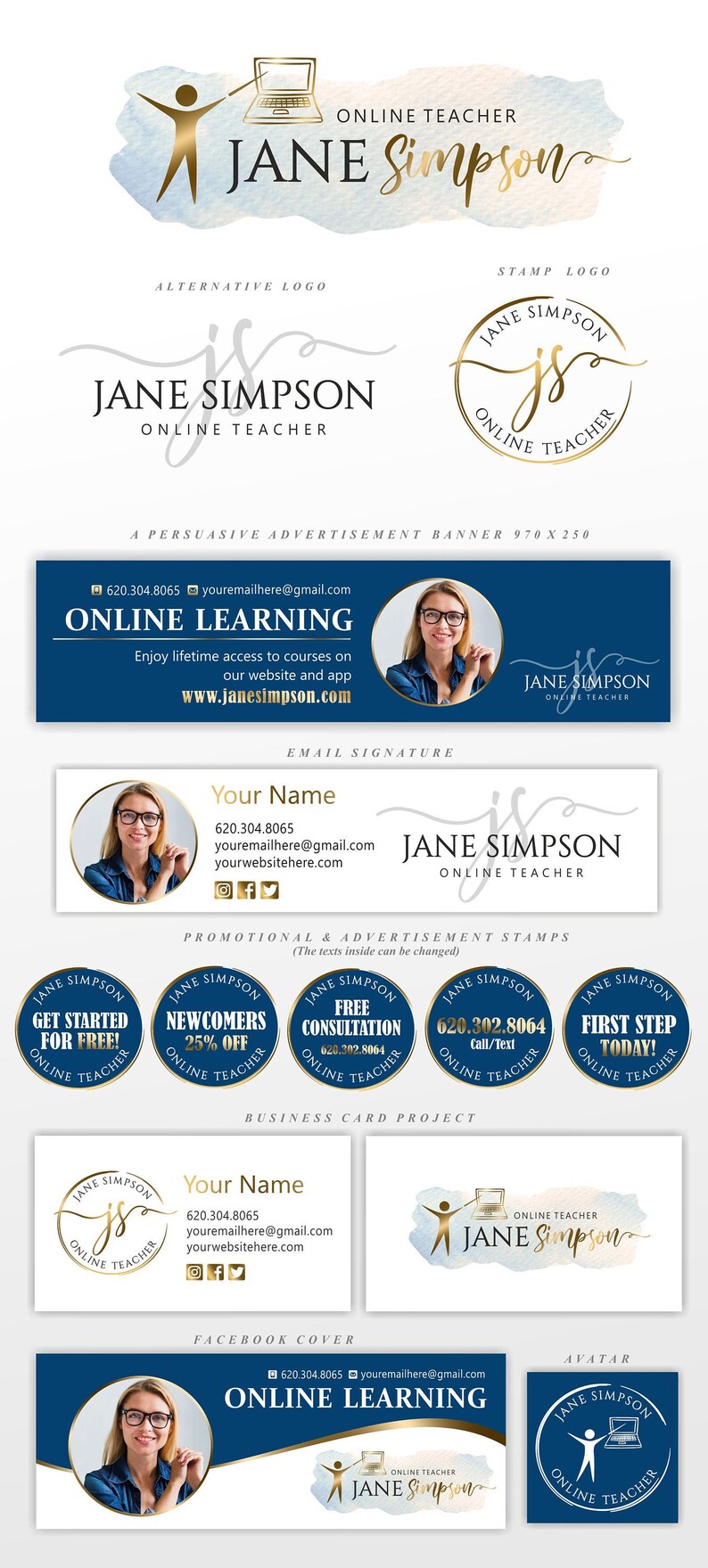 May include: A blue and gold graphic design template for an online teacher named Jane Simpson. The template includes a logo, business card, social media graphics, and promotional stamps. The design features a stylised person pointing to a laptop, a watercolour background, and the text "Online Teacher".