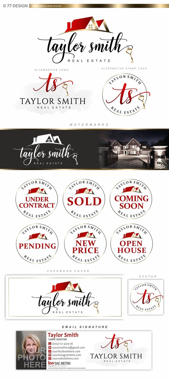 Real estate logo, Realtor logo, branding kit, Real estate marketing, business card, Broker brand, Key House logo realtor stamp gold logo 105