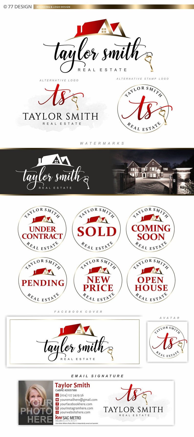 May include: A set of real estate logo designs featuring a red house icon and the text "taylor smith real estate". The logos are in various styles, including a handwritten script, a circular stamp, and a watermark. The logos also include a key icon.