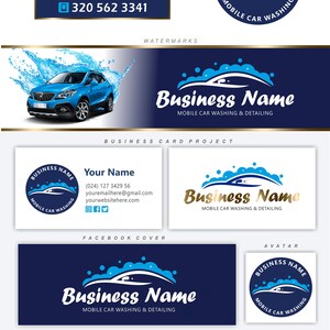 May include: A blue and gold logo for a mobile car wash and detailing business. The logo features a car with a wave of blue soap and water above it. The text "Business Name" is in gold lettering. The logo is surrounded by a dark blue background.
