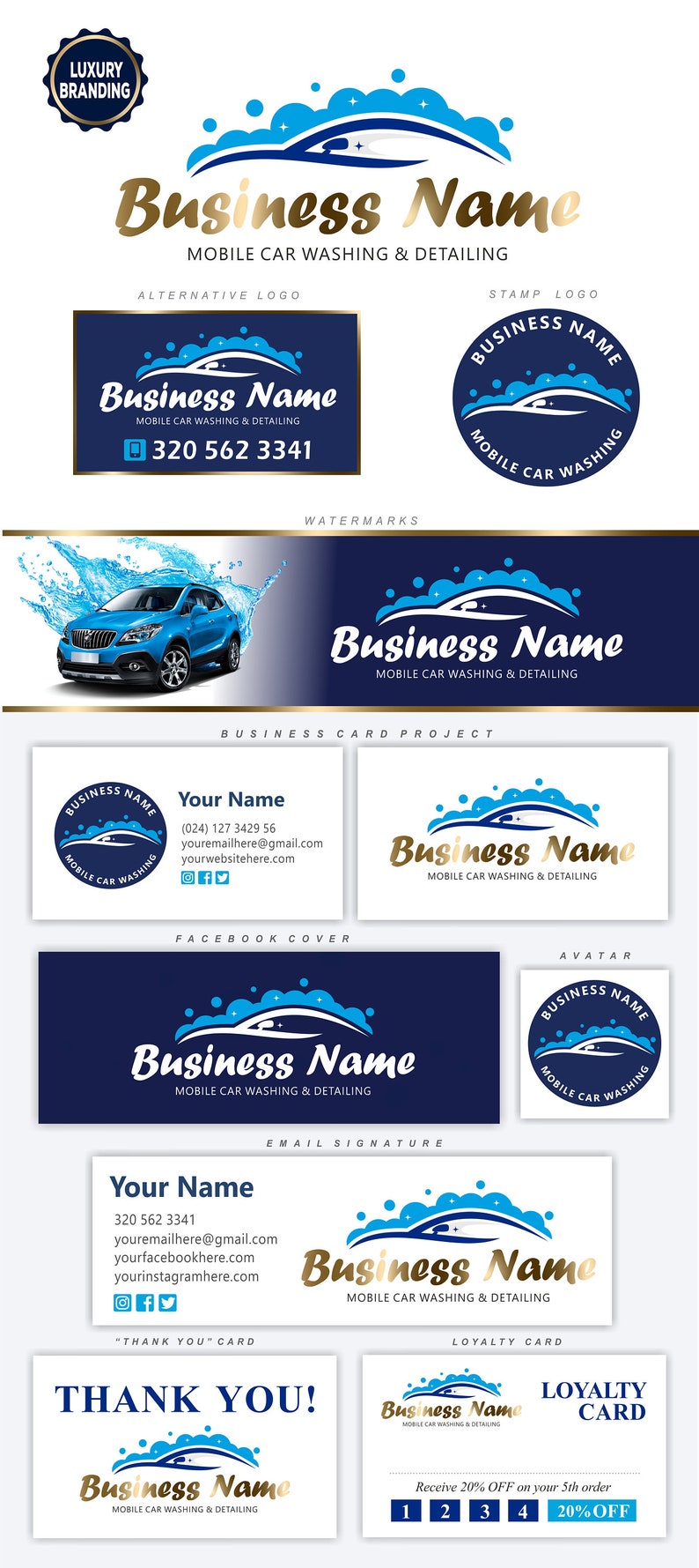 May include: A blue and gold logo for a mobile car wash and detailing business. The logo features a car with a wave of blue soap and water above it. The text "Business Name" is in gold lettering. The logo is surrounded by a dark blue background.
