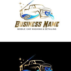 May include: A gold and blue logo design for a mobile car washing and detailing business. The logo features a silhouette of a pickup truck with a spray wand and water droplets. The text "BUSINESS NAME" is written in gold below the truck.
