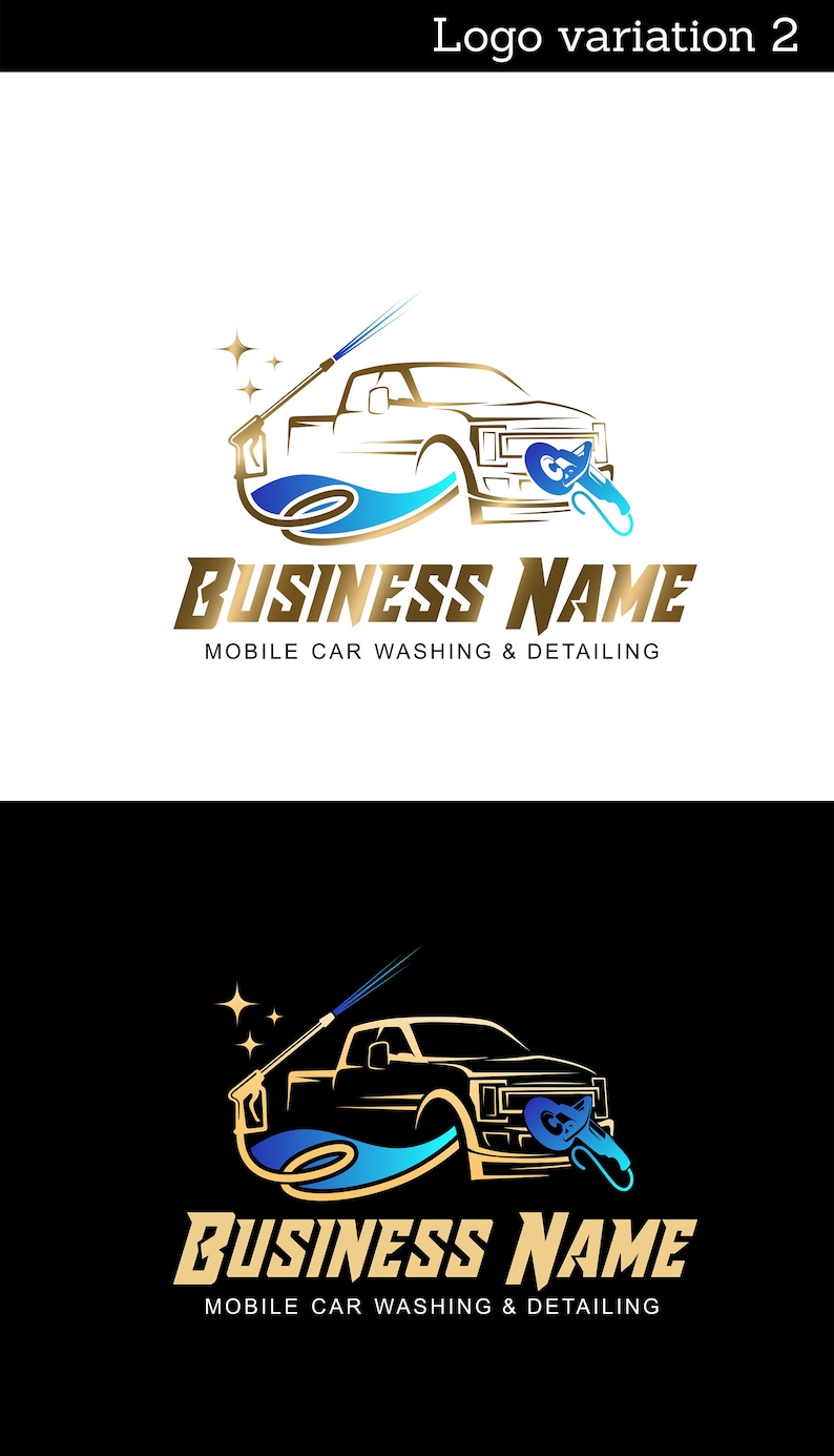 May include: A gold and blue logo design for a mobile car washing and detailing business. The logo features a silhouette of a pickup truck with a spray wand and water droplets. The text "BUSINESS NAME" is written in gold below the truck.