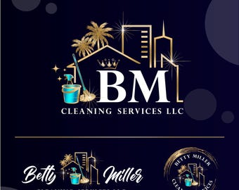 May include: Gold and blue logo for a cleaning service called "BM Cleaning Services LLC". The logo features a stylized house with a crown, palm trees, a bucket, a broom, and the letters "BM".