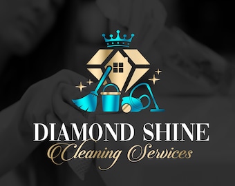 May include: A logo for a cleaning service called "Diamond Shine Cleaning Services". The logo features a blue diamond with a gold crown on top, a house inside the diamond, and cleaning supplies like a broom, bucket, and vacuum cleaner.