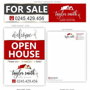 May include: A set of real estate marketing materials featuring a red and gold house logo with the text "taylor smith real estate". The materials include a business card, a "for sale" sign, an open house sign, a welcome card, a thank you card, and an identification badge. The phone number 0245.429.456 is included on several of the materials.