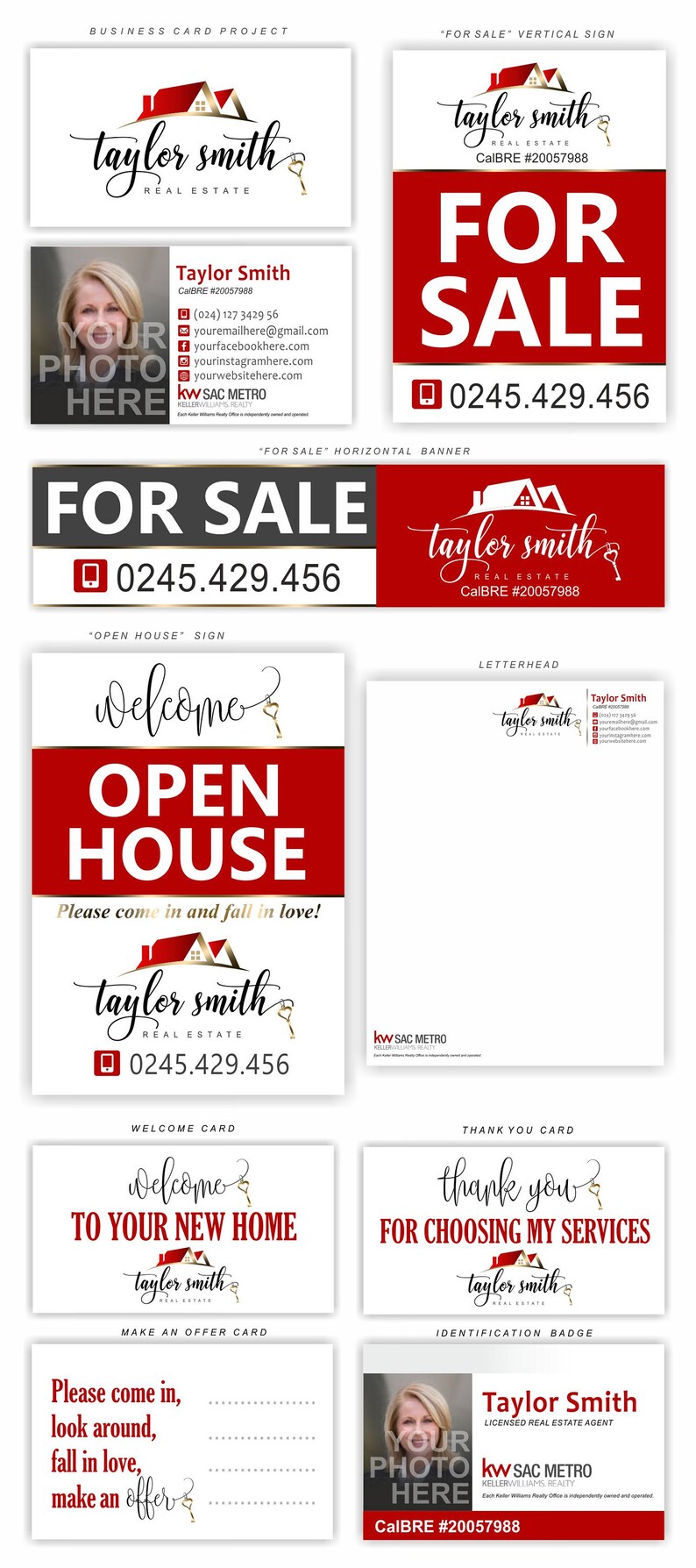 May include: A set of real estate marketing materials featuring a red and gold house logo with the text "taylor smith real estate". The materials include a business card, a "for sale" sign, an open house sign, a welcome card, a thank you card, and an identification badge. The phone number 0245.429.456 is included on several of the materials.