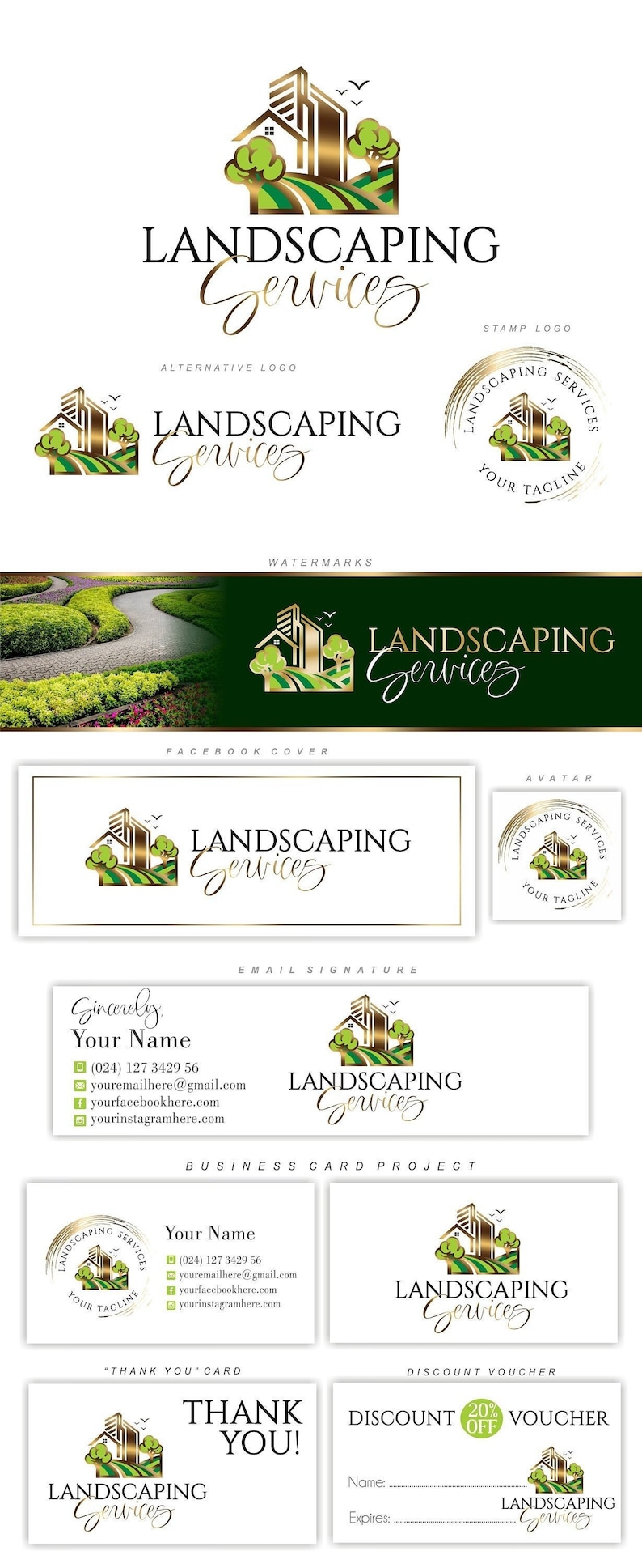 K&ouml;nnte beinhalten: Ein Logo-Design f&uuml;r ein Landschaftsbauunternehmen. Das Logo zeigt eine goldene und gr&uuml;ne Illustration eines Hauses und von B&auml;umen mit dem Text "Landscaping Services" in einer goldenen und schwarzen Schriftart.