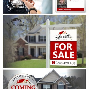 May include: A red and white real estate sign with the text "Taylor Smith Real Estate" and "For Sale" with a phone number. The sign is in front of a house.