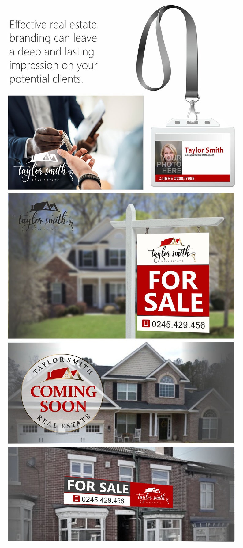 May include: A red and white real estate sign with the text "Taylor Smith Real Estate" and "For Sale" with a phone number. The sign is in front of a house.