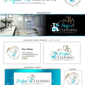 May include: Branding and logo design for a cleaning service called "Perfect Cleaning" with a blue and gold colour scheme. The logo features a house with a city skyline in the background, a spray bottle, a squeegee, and a sponge. The text "Perfect Cleaning" is written in a cursive font. The logo is used on a variety of marketing materials, including business cards, social media graphics, and loyalty cards.