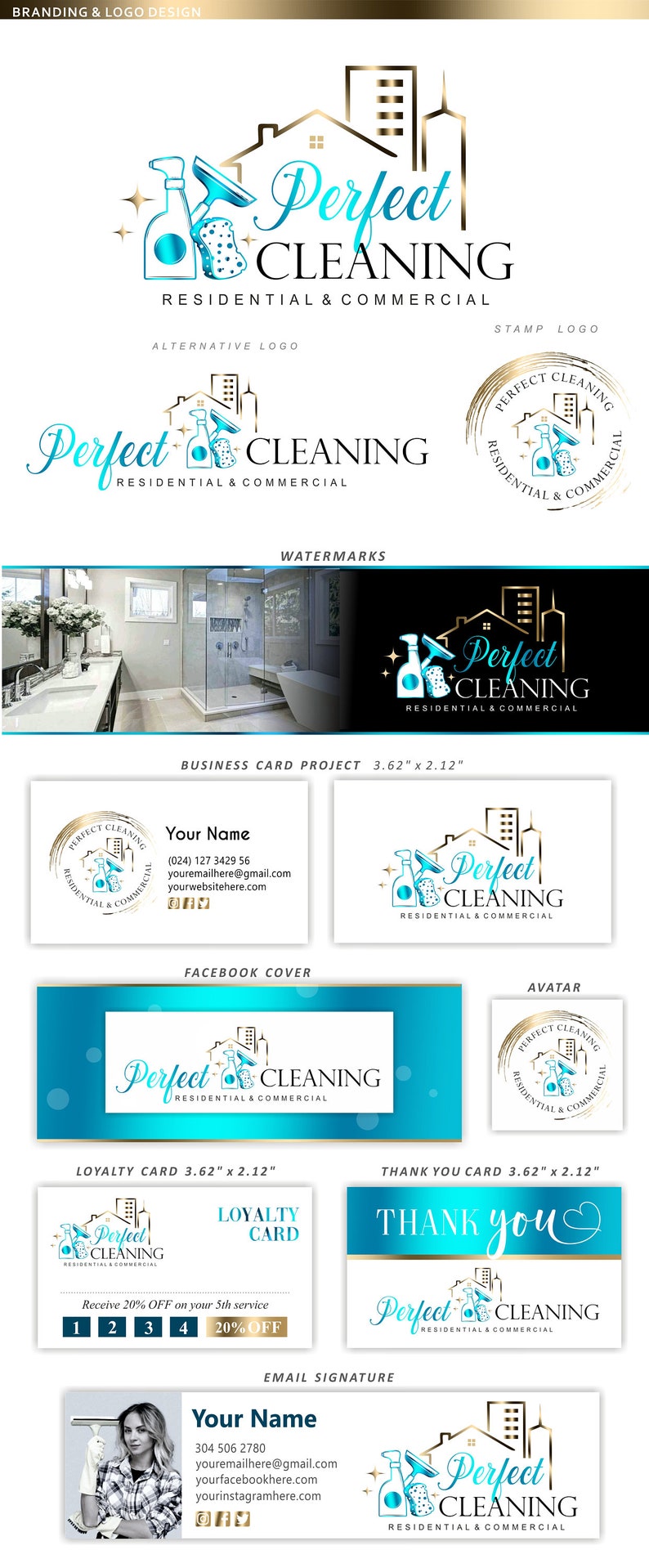 May include: Branding and logo design for a cleaning service called "Perfect Cleaning" with a blue and gold colour scheme. The logo features a house with a city skyline in the background, a spray bottle, a squeegee, and a sponge. The text "Perfect Cleaning" is written in a cursive font. The logo is used on a variety of marketing materials, including business cards, social media graphics, and loyalty cards.