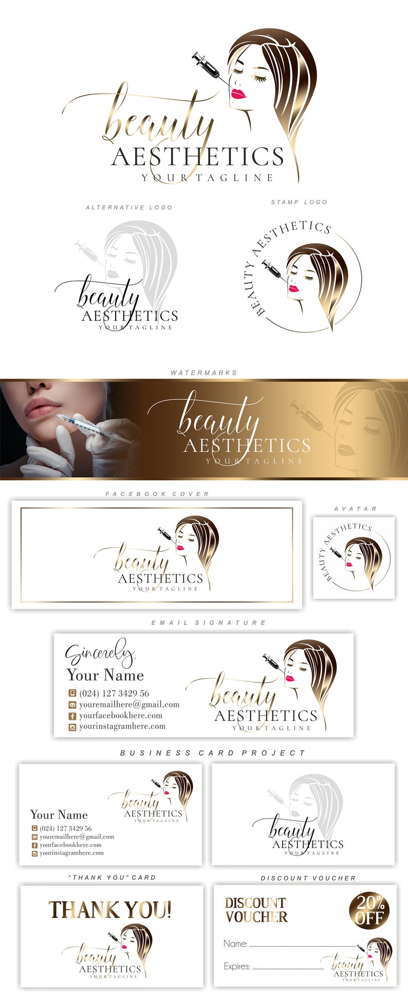 May include: A set of branding materials for a beauty aesthetics business. The logo features a woman's face with a syringe near her lips. The branding includes a Facebook cover, email signature, business card, thank you card, and discount voucher.