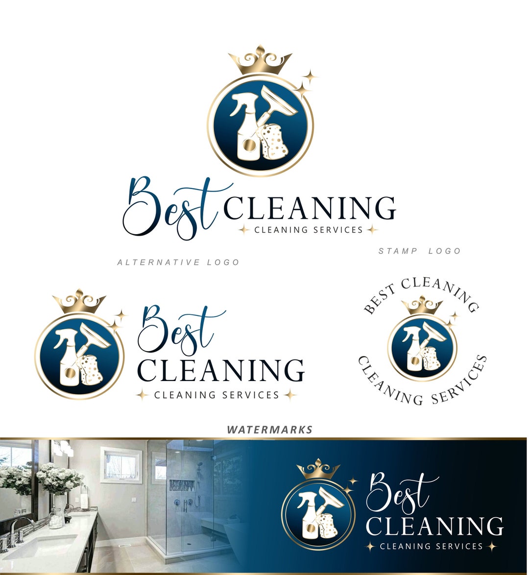 Cleaning Logo Design, Gold Crown Cleaning Logo Set, Cleaning Service