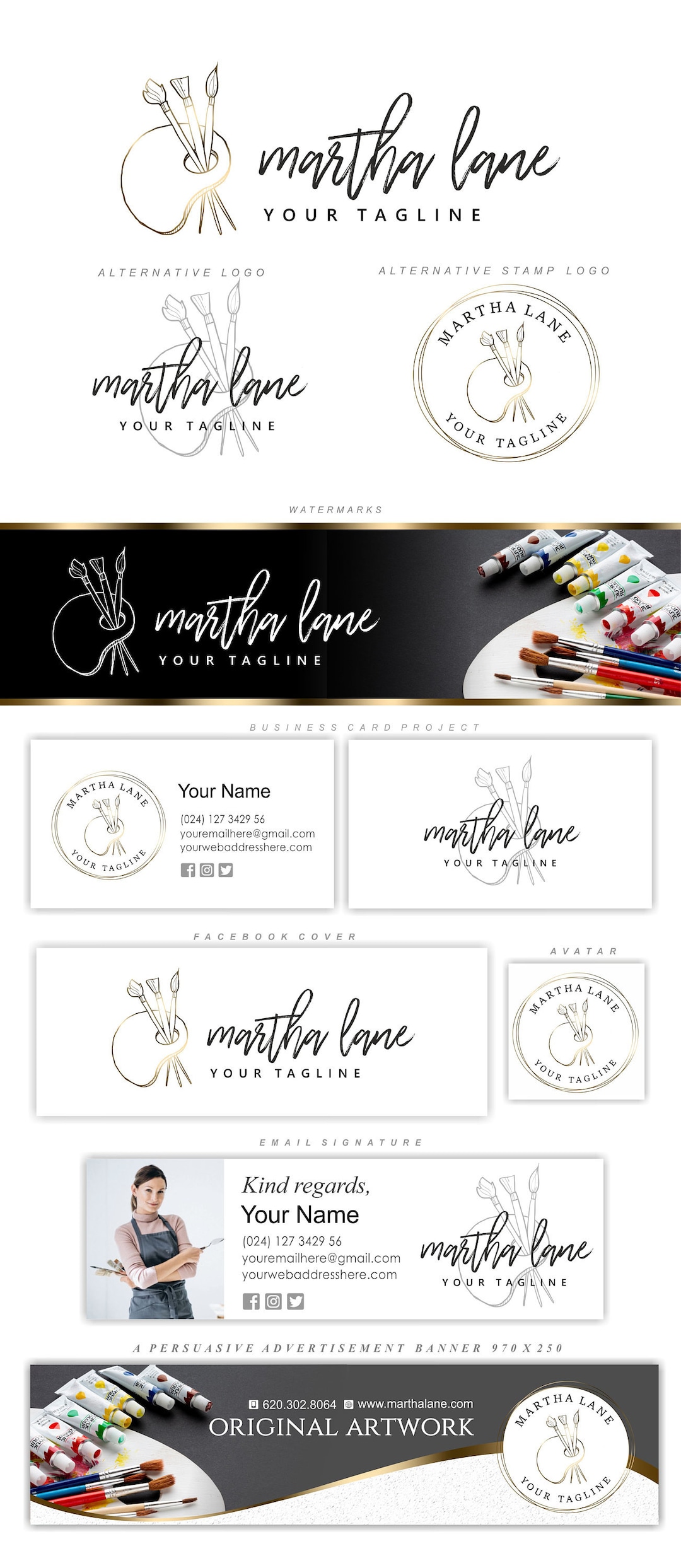 Art Shop Logo Set, Painting Logo, Paint Brush Logo, Watermark Logo