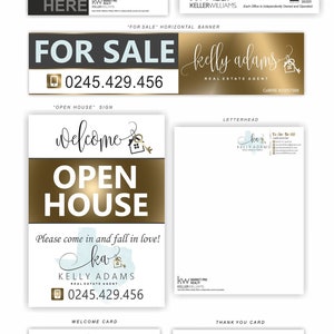 Pu&ograve; includere: Un set di materiali di marketing immobiliare con uno schema di colori blu e oro. I materiali includono un biglietto da visita, un cartello "In Vendita", un cartello di open house, un biglietto di benvenuto, un biglietto di ringraziamento e un badge di identificazione. Tutti i materiali presentano lo stesso logo, che &egrave; una "ka" stilizzata con una casa e una chiave. Il testo sui materiali include il nome dell'agente immobiliare, il suo numero di telefono e il suo indirizzo del sito web.
