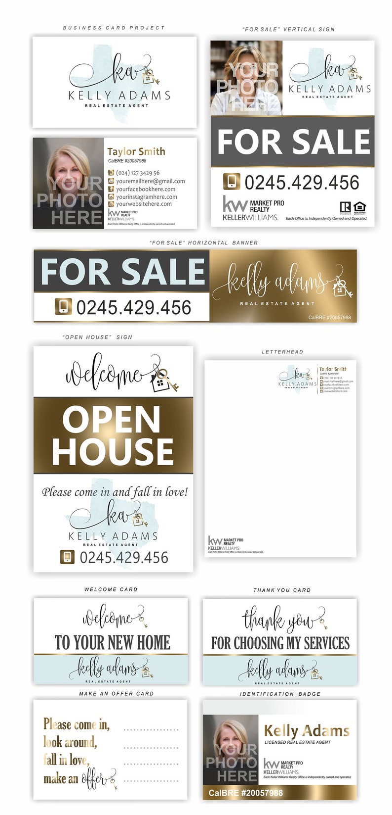 Pu&ograve; includere: Un set di materiali di marketing immobiliare con uno schema di colori blu e oro. I materiali includono un biglietto da visita, un cartello "In Vendita", un cartello di open house, un biglietto di benvenuto, un biglietto di ringraziamento e un badge di identificazione. Tutti i materiali presentano lo stesso logo, che &egrave; una "ka" stilizzata con una casa e una chiave. Il testo sui materiali include il nome dell'agente immobiliare, il suo numero di telefono e il suo indirizzo del sito web.