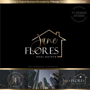 May include: A gold and white logo for a real estate company called "Jane Flores Real Estate". The logo features a stylized house with the company name written inside. The text "Created by 77 Design Studio. Original Business Kit" is also included in the image.