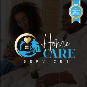 May include: Home Care Services logo featuring a blue and gold emblem with a house, heart, and person in a wheelchair. The words "Home Care Services" are written in a script font. A blue ribbon with "Premium Design Services" is in the upper right corner.