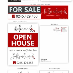 Pode incluir: Um conjunto de materiais de marketing imobili&aacute;rio com um esquema de cores vermelho, branco e preto. Os materiais incluem um cart&atilde;o de visita, uma placa de venda, uma placa de casa aberta, um cart&atilde;o de boas-vindas, um cart&atilde;o de agradecimento, um cart&atilde;o para fazer uma oferta e um crach&aacute; de identifica&ccedil;&atilde;o. Os materiais apresentam o nome "Kelly Adams" e o texto "CalBRE #20057988".