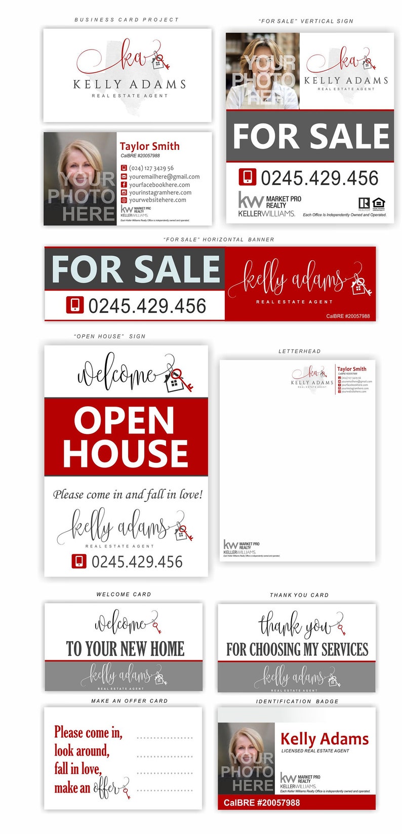 Pode incluir: Um conjunto de materiais de marketing imobili&aacute;rio com um esquema de cores vermelho, branco e preto. Os materiais incluem um cart&atilde;o de visita, uma placa de venda, uma placa de casa aberta, um cart&atilde;o de boas-vindas, um cart&atilde;o de agradecimento, um cart&atilde;o para fazer uma oferta e um crach&aacute; de identifica&ccedil;&atilde;o. Os materiais apresentam o nome "Kelly Adams" e o texto "CalBRE #20057988".