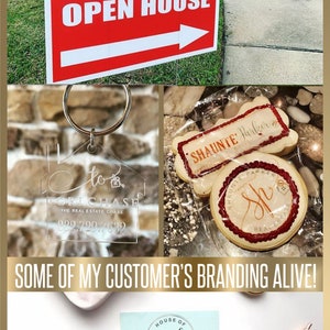 May include: A red and white open house sign with the text "to" and "TORI CHASE THE REAL ESTATE CHASE" and "2PM-4PM 832-729-7632 KW PROFESSIONALS KELLER WILLIAMS REALTY" and "OPEN HOUSE". A clear acrylic keychain with the text "to" and "TORI CHASE THE REAL ESTATE CHASE 832.729.7632". Two cookies decorated with red icing and the text "SHAUNTE PARKER" and "SH REAL ESTATE". Three business cards with the text "HOUSE OF jade" and "jenny ALVAREZ BARRERA REALTOR&reg;".