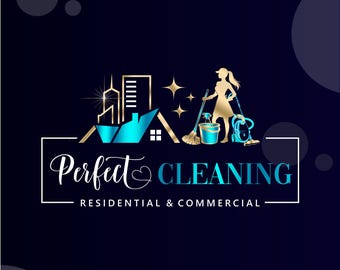 May include: A gold and blue logo for a cleaning service called "Perfect Cleaning". The logo features a stylized building, a cleaning person, and a bucket and mop. The text "Residential & Commercial" is below the logo.