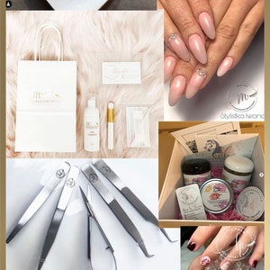 May include: A collage of images showcasing branding for a lash artist and nail salon. The images include a lash extension kit, a lash cleanser, a set of tweezers, a box of nail polish, and a mascara tube. The branding features a consistent logo with a stylized eye and the text "Crown the Colony Lash Artist" and "Lab".