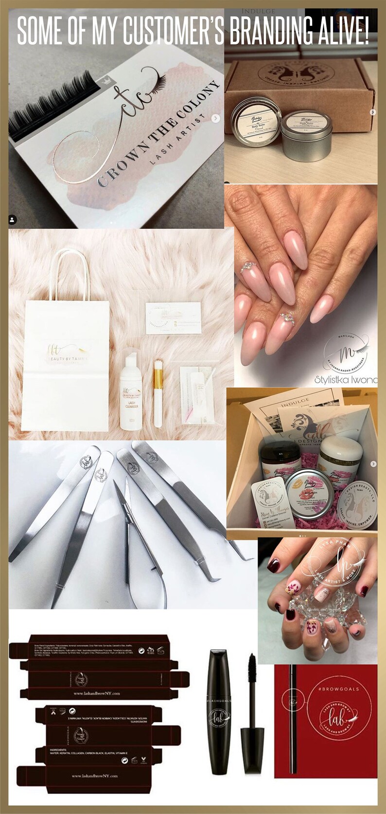 May include: A collage of images showcasing branding for a lash artist and nail salon. The images include a lash extension kit, a lash cleanser, a set of tweezers, a box of nail polish, and a mascara tube. The branding features a consistent logo with a stylized eye and the text "Crown the Colony Lash Artist" and "Lab".