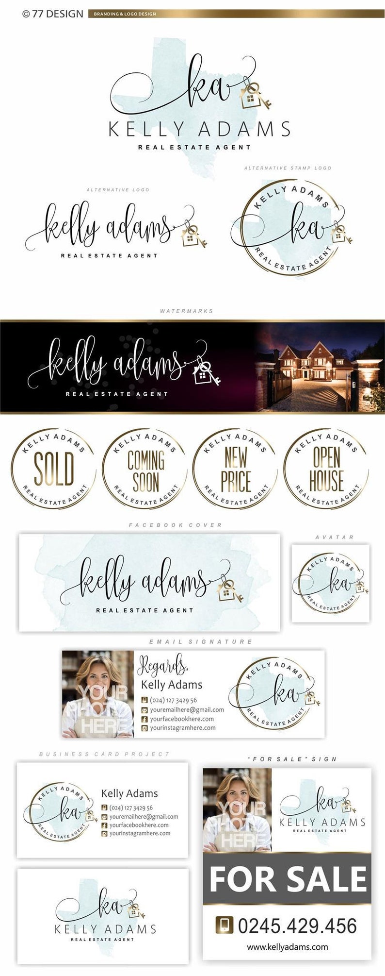 Pu&ograve; includere: Progettazione di marchio e logo per un'agente immobiliare di nome Kelly Adams. Il logo presenta una "ka" stilizzata con un'icona di casa e chiave. Il design include una forma del Texas ad acquerello, un biglietto da visita, una copertina di Facebook e un cartello "In vendita".