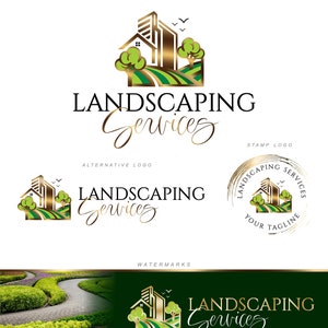 K&ouml;nnte beinhalten: Ein Logo f&uuml;r ein Landschaftsbauunternehmen. Das Logo zeigt ein stilisiertes Bild eines Hauses und einer Skyline mit gr&uuml;nen B&auml;umen und einem gewundenen Weg. Der Text "LANDSCAPING Services" ist in einer kursivschriftlichen Schriftart geschrieben.