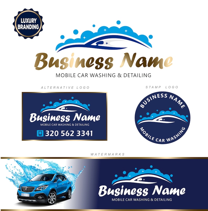 May include: A blue and white logo for a mobile car wash and detailing business. The logo features a stylized car with soap suds and stars. The text "Business Name" is in gold lettering. The business phone number is 320 562 3341.