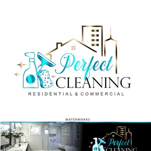 May include: A logo for a cleaning service called "Perfect Cleaning". The logo features a blue and gold design with a house, a skyscraper, and cleaning supplies. The text "Perfect Cleaning" is in a blue font and the text "Residential & Commercial" is in a black font.
