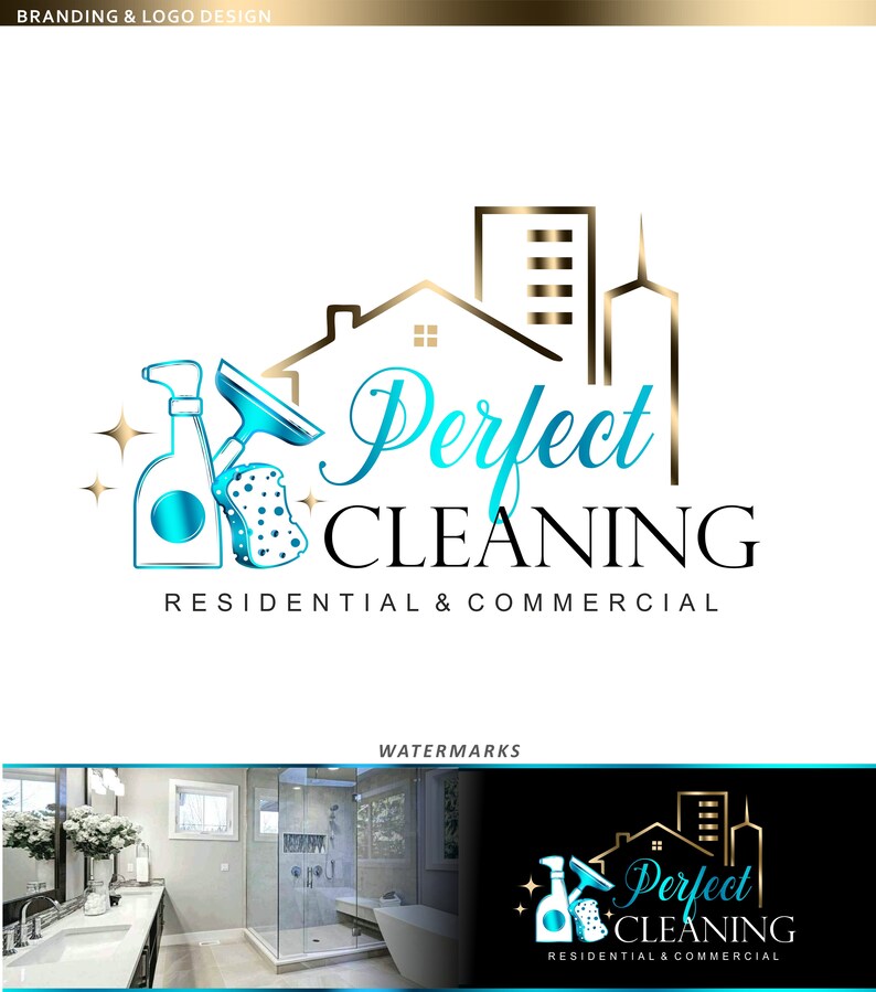 May include: A logo for a cleaning service called "Perfect Cleaning". The logo features a blue and gold design with a house, a skyscraper, and cleaning supplies. The text "Perfect Cleaning" is in a blue font and the text "Residential & Commercial" is in a black font.