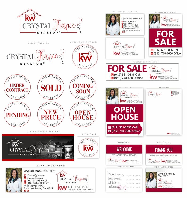 May include: A red and white logo for a real estate agent named Crystal France. The logo features a stylized house with a keyhole and the text "kw" for Keller Williams. The logo also includes the text "Crystal France, REALTOR&reg;".